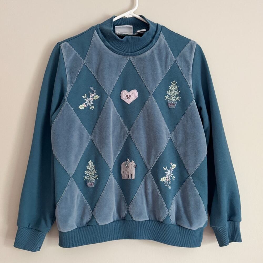 Vintage 90s Velour Argyle Sweatshirt Cottage Granny Chic Grandma Embroidered